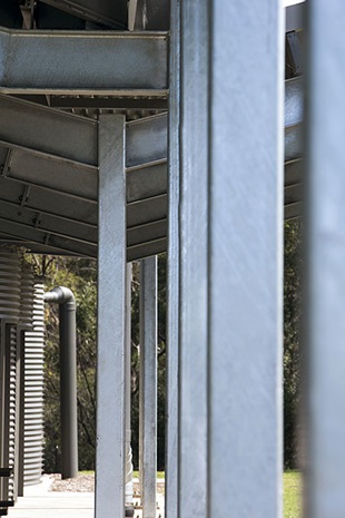Another example of design economy clashing with the building’s wilfulness can be seen in the row of columns that steps to one side, which reduces duplication in the beam overhead